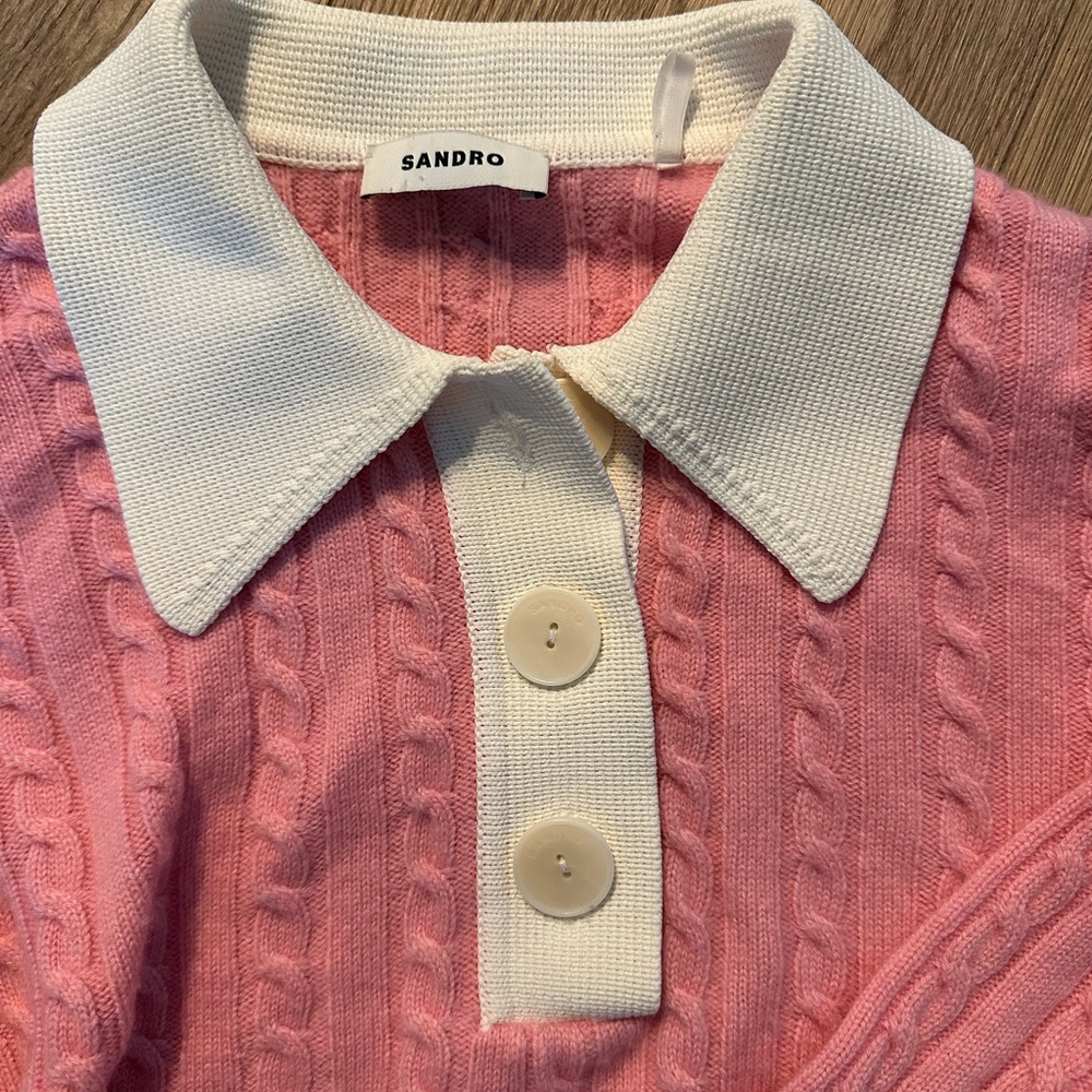 Sandro Pink Cable-Knit Polo Sweater with Cream Collar